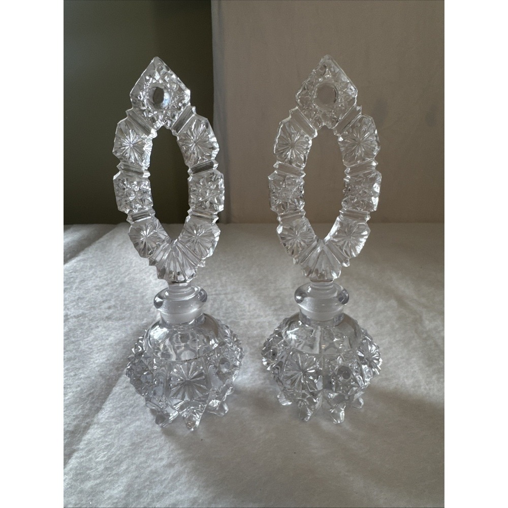 Vintage Czech Clear Art Deco & art Nouveau Cut glass perfume bottles‎ Pair Of 2